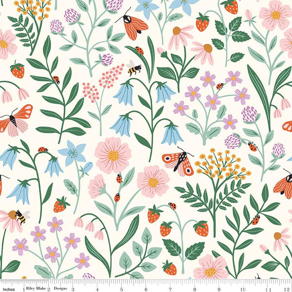 Meadow Moments Blooms and Bugs in Cream Yardage